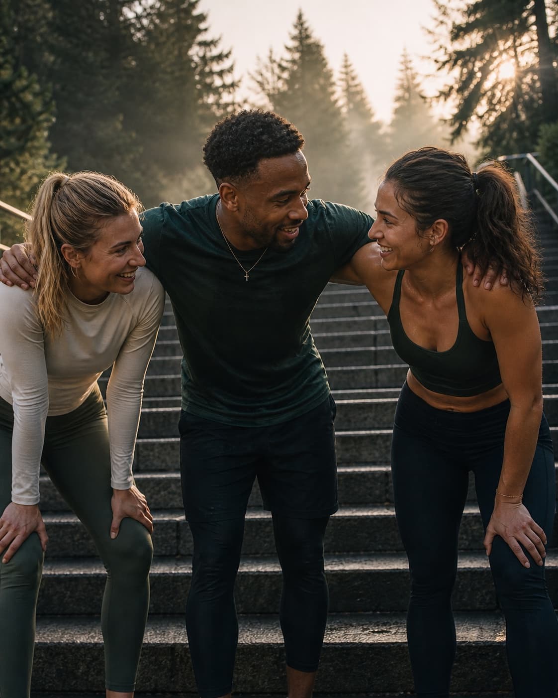 Three friends encouraging each other after training outdoors